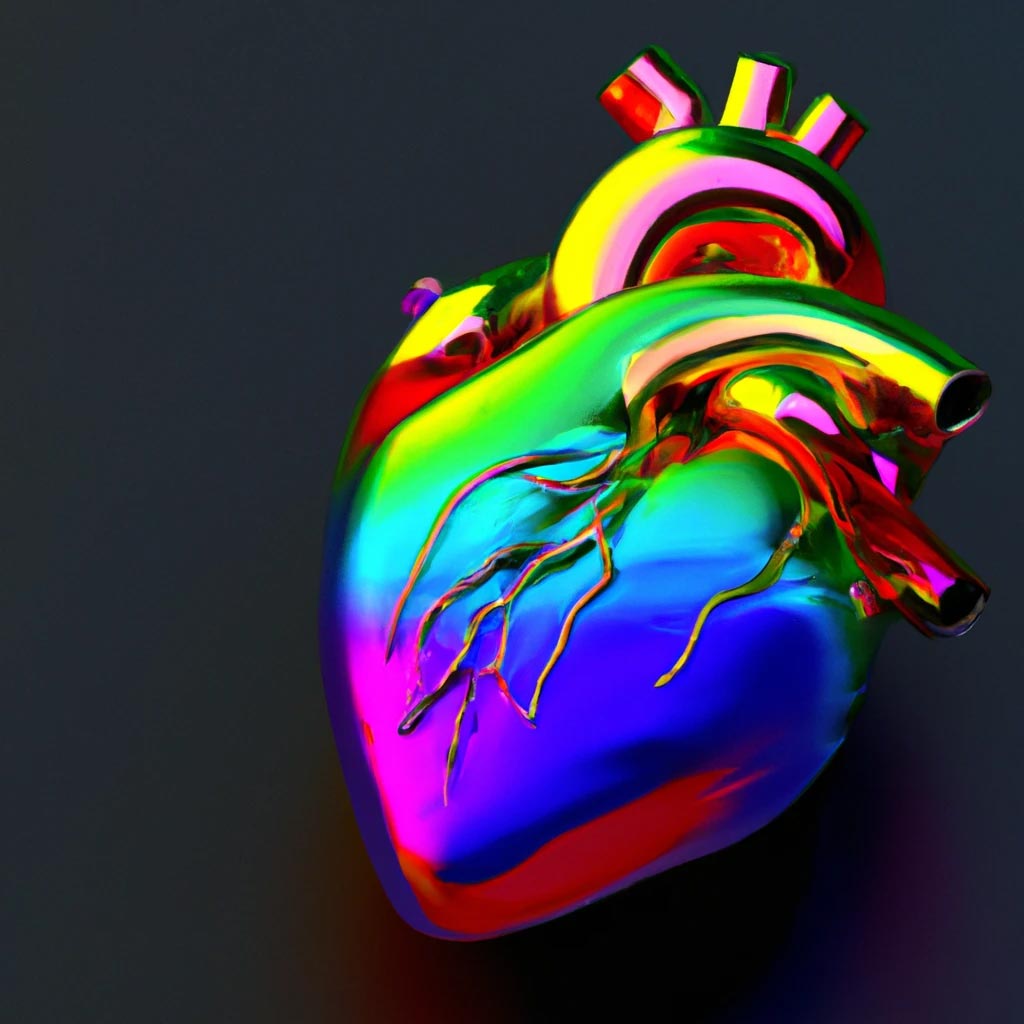 icon of a realistic human heart in metallic rainbow