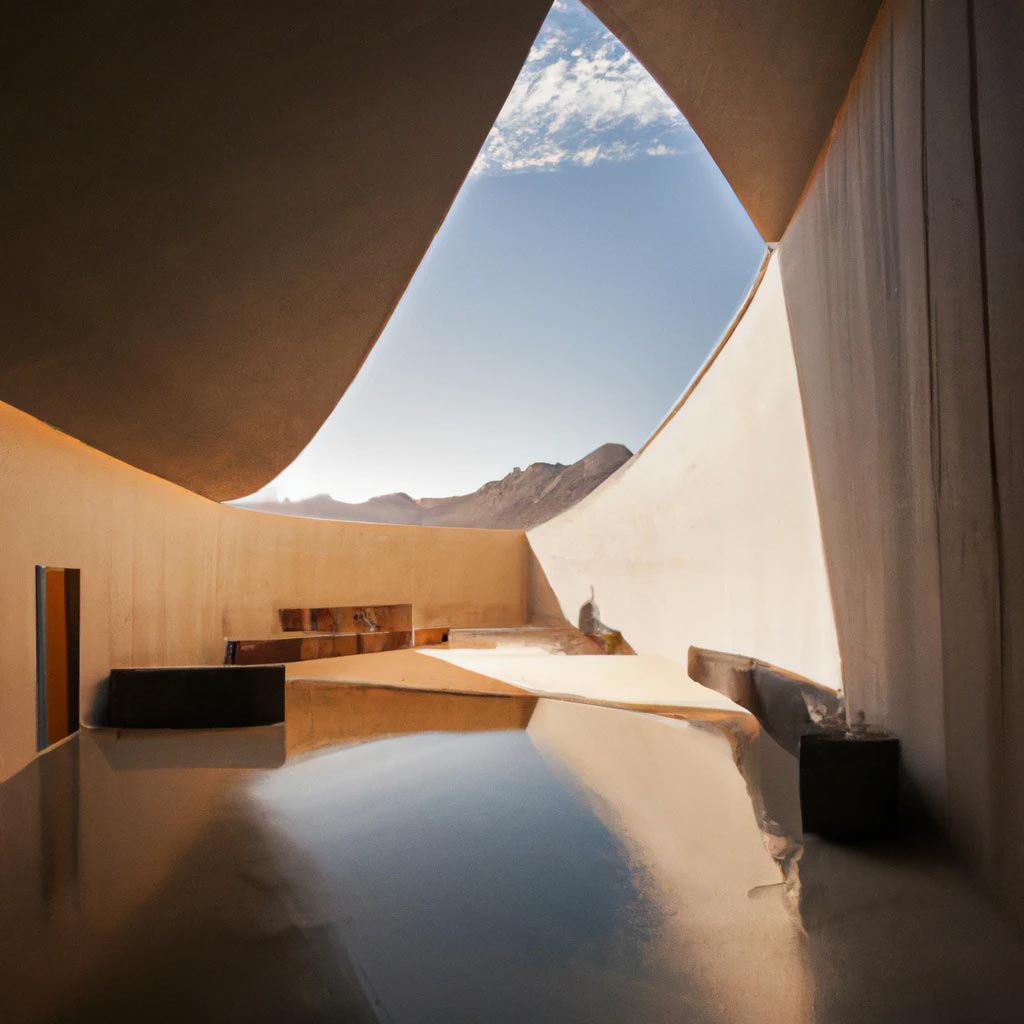 inside of a modern museum in the desert, source