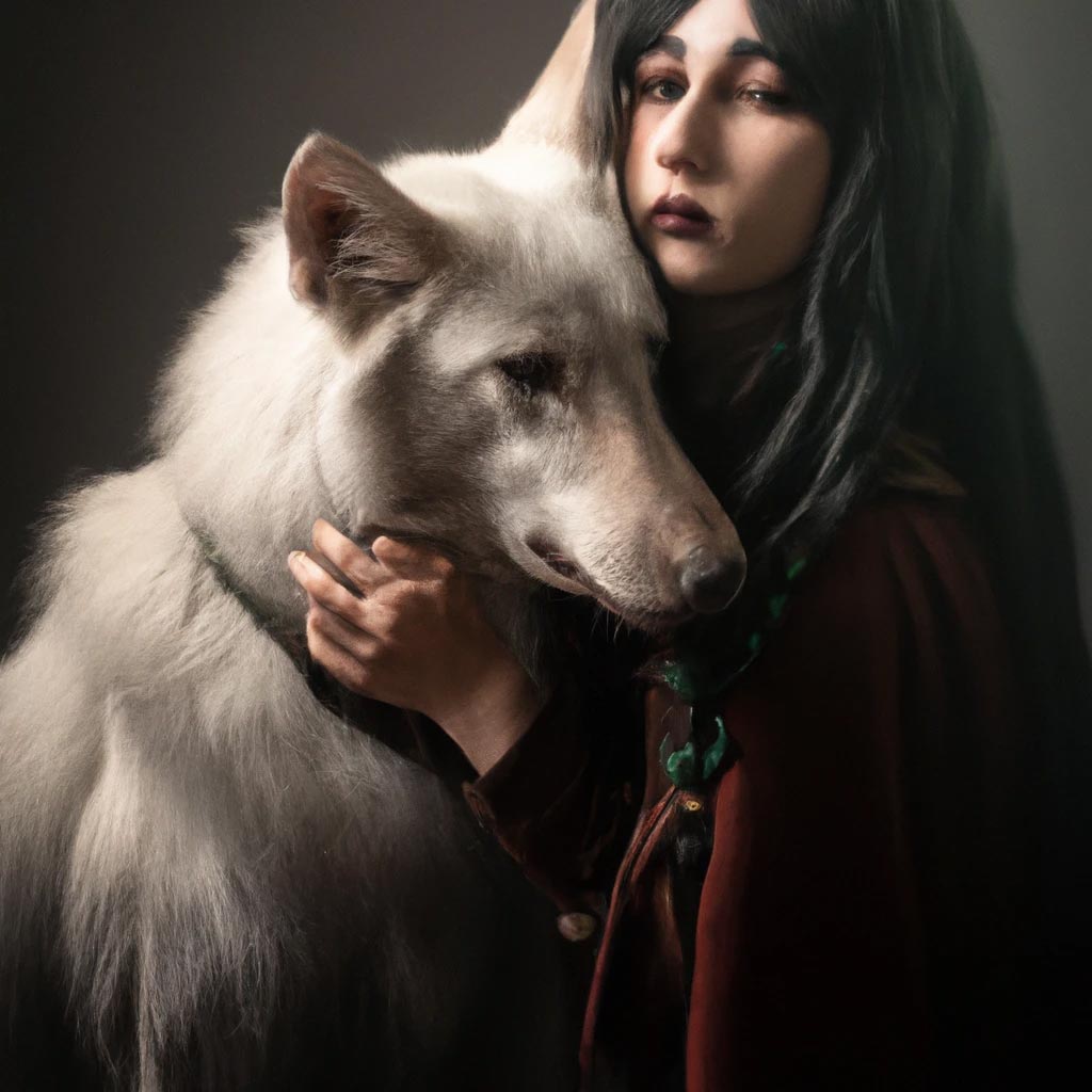 photoshot of an elf model with a wolf