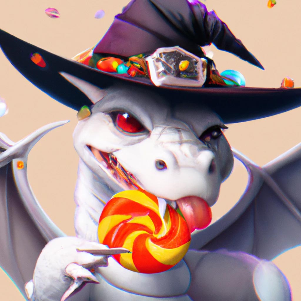 portrait of a white dragon eating a Halloween lollipop