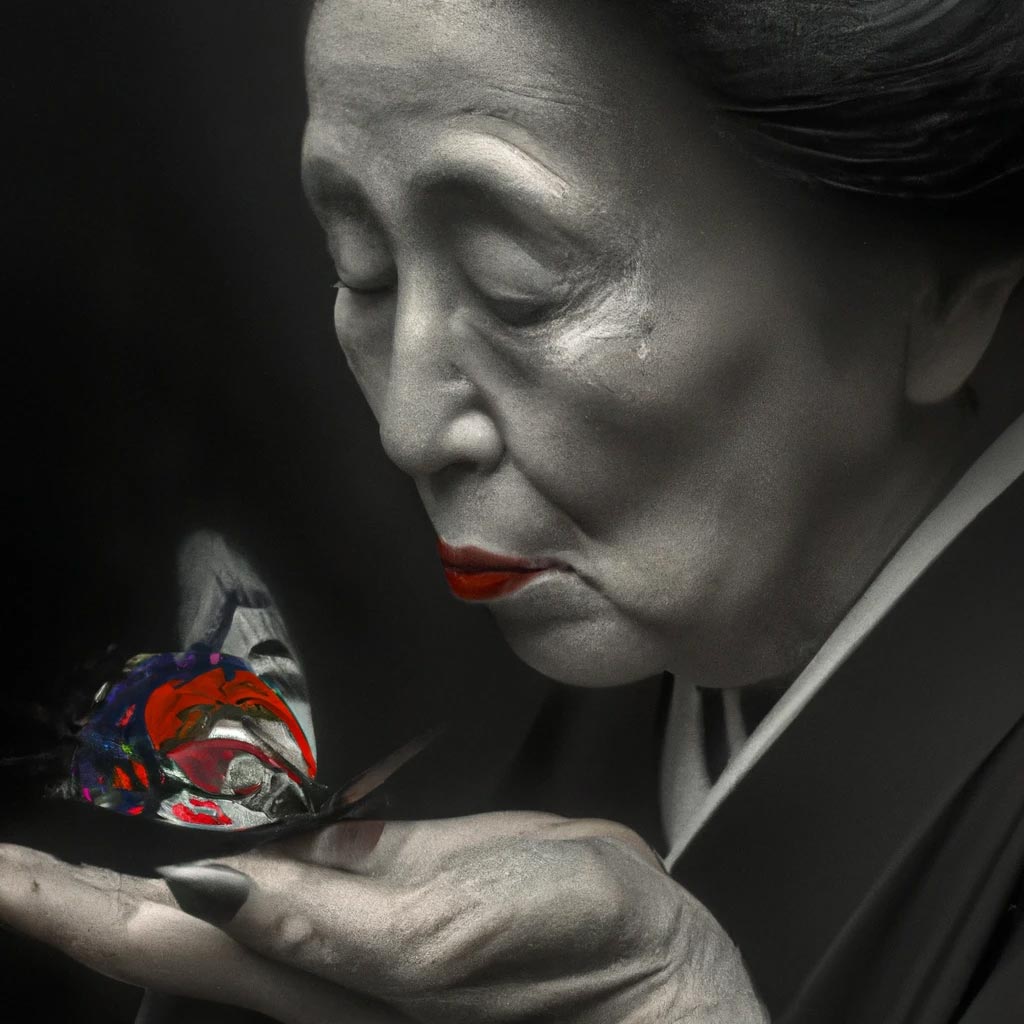 portrait of an old geisha kissing a butterfly resting