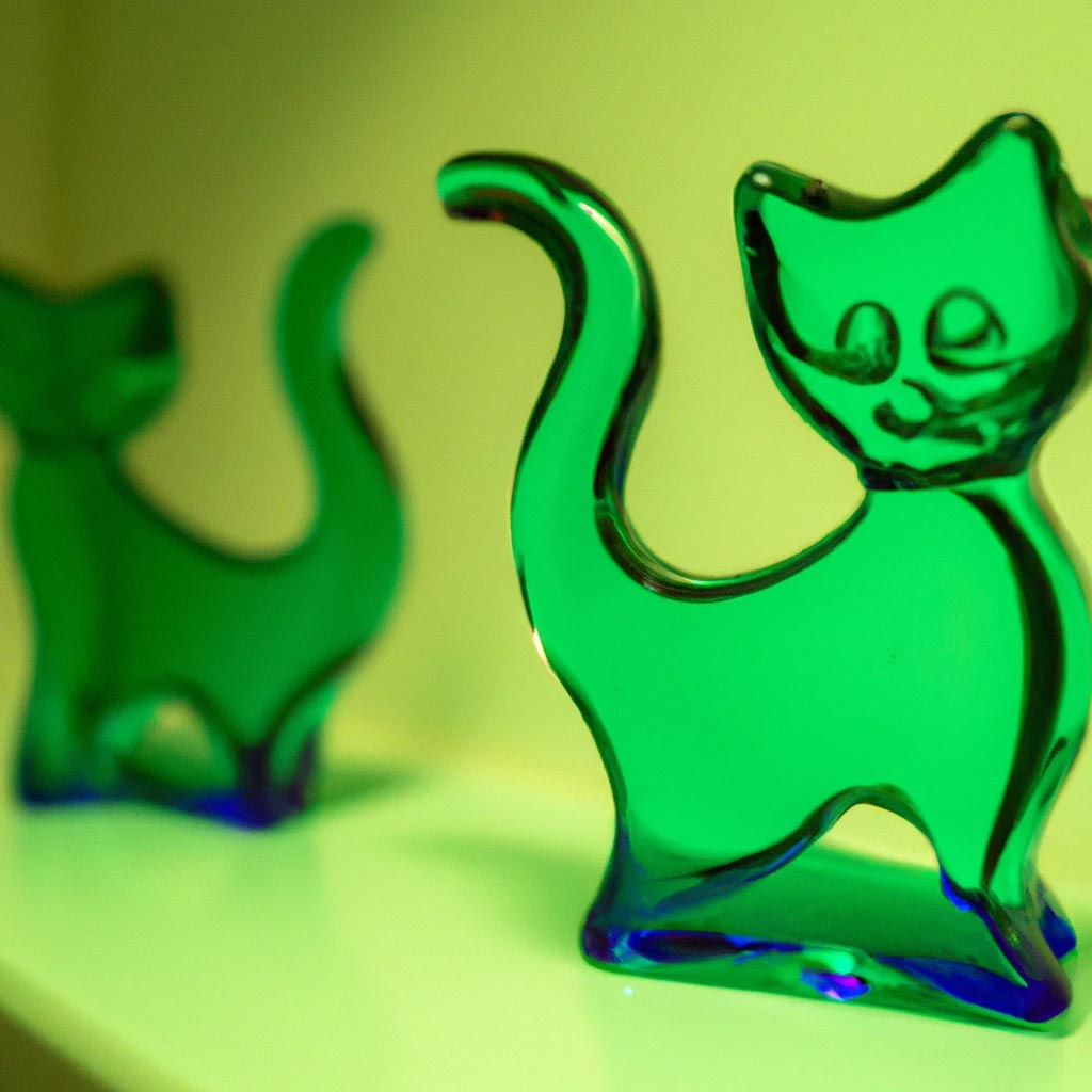portraits of cats made of uranium glass in a kitchen