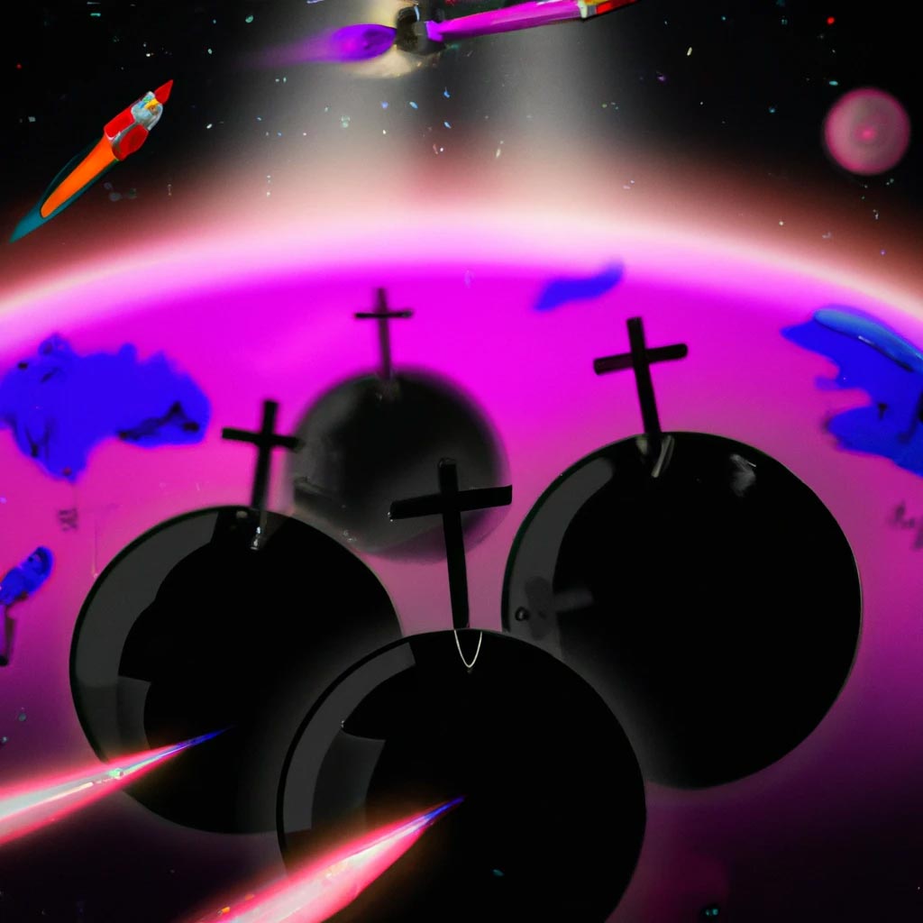realism black spaceships with Orthodox domes and golden crosses,