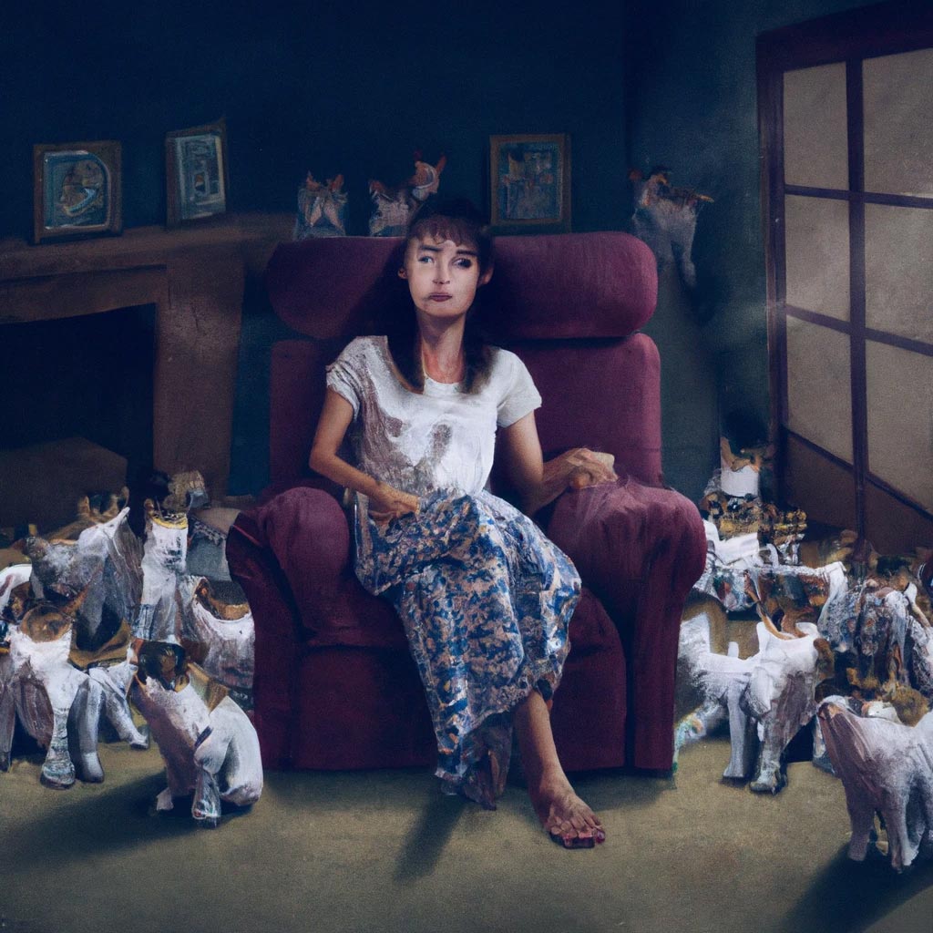surrealist digital art, a stable cat lady sitting on