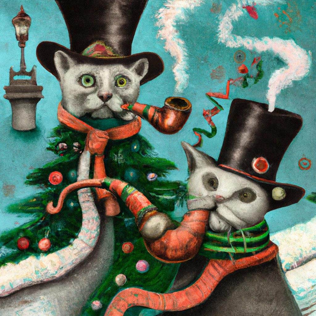 surrealistic christmas card with 2 cats and a pipe