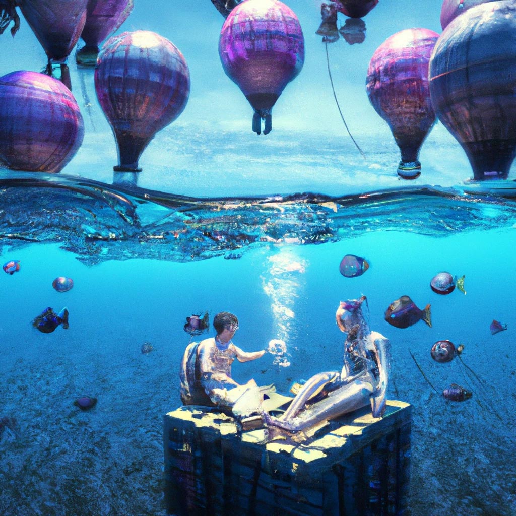 two people playing chess under the sea